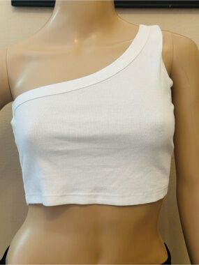 LESET White One-Shoulder Ribbed Crop Top